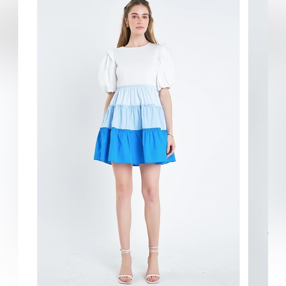 English Factory  COLORBLOCK MULTI TIERED RUFFLED MINI DRESS